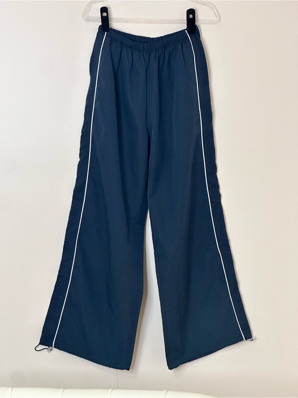 Navy Wide-Leg Track Pants with White Piping